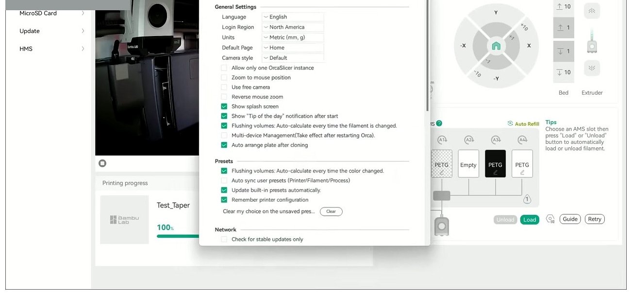 OrcaSlicer Device tab and Preferences dialog showing Language, Login Region, and Units options