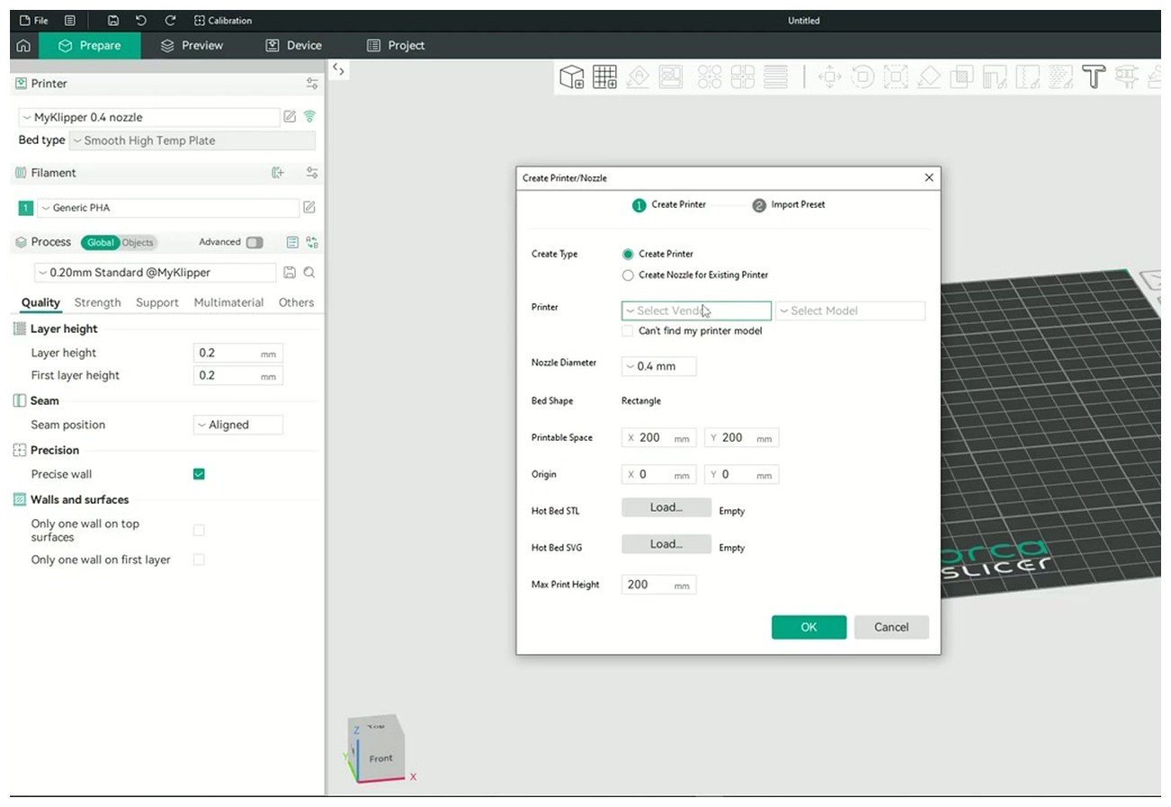 OrcaSlicer Create Printer Nozzle dialog showing Bed Shape Rectangle, Printable Space X Y, Origin, Hot Bed STL SVG, and Max Print Height fields