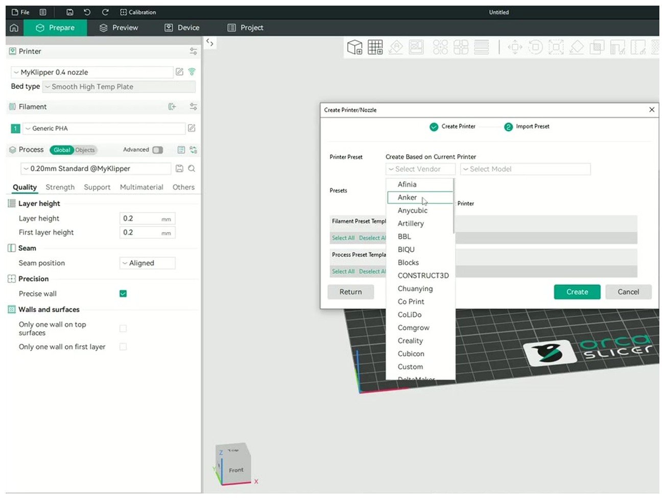 OrcaSlicer vendor dropdown showing Anker, Anycubic, Artillery, BBL, Creality, Custom and other 3D printer brand options
