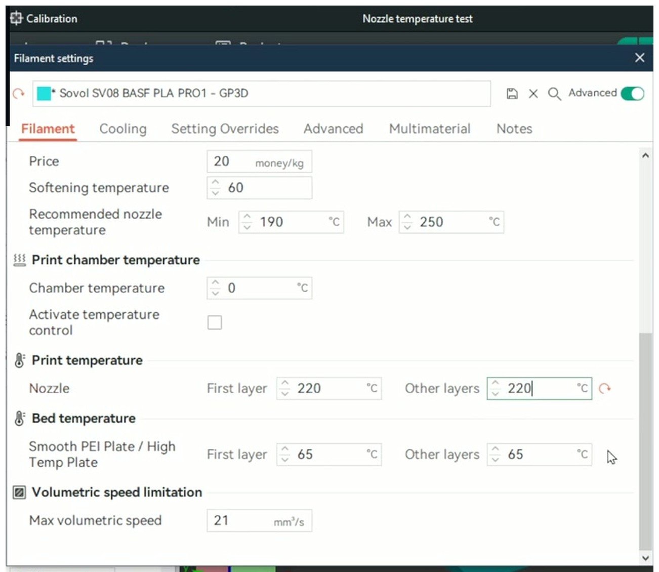 OrcaSlicer filament settings showing print temperature 220 C, bed temperature 55 C, and max volumetric speed 21 mm cubed per second