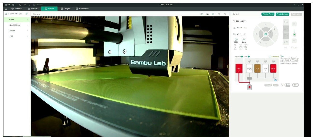 Bambu Lab Device tab in OrcaSlicer showing red TPU spool loaded with red TPU line running from spool to buffer
