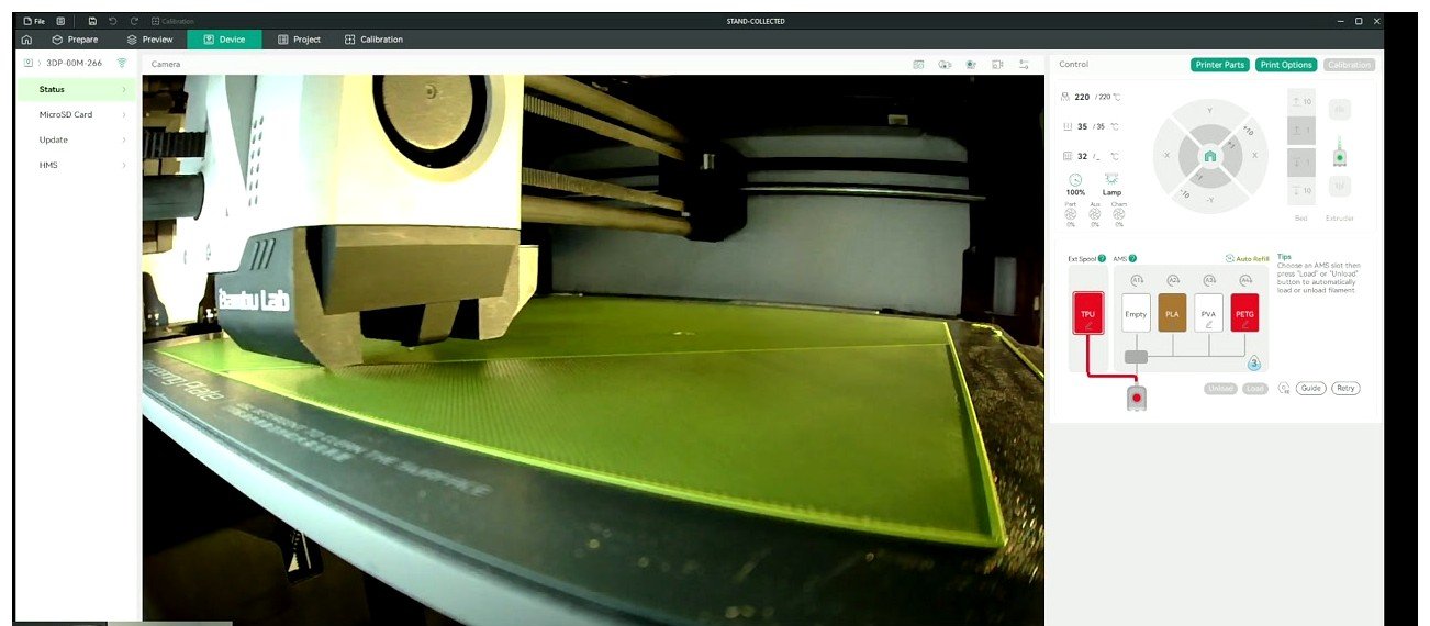 Closer view of the Bambu print head while TPU prints, showing red TPU feeding into toolhead