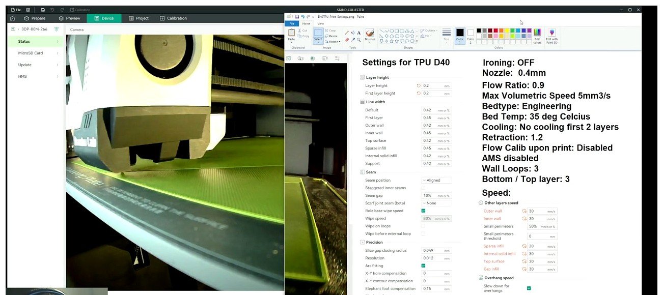 OrcaSlicer settings panel for TPU D40 showing MVS 5 mm cubed per second, bed temperature 35 C, no cooling first two layers