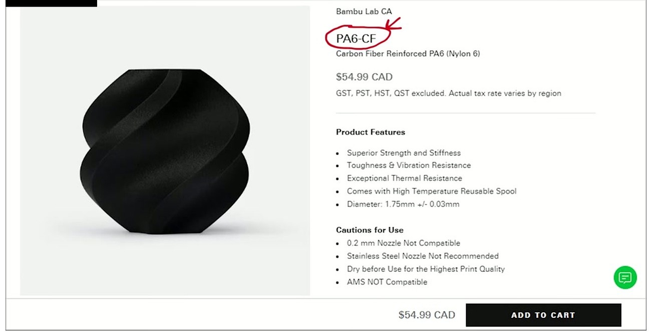 Bambu PA6-CF product page showing cautions about 0.2mm nozzle incompatibility, stainless steel not recommended, dry before use, and AMS incompatibility