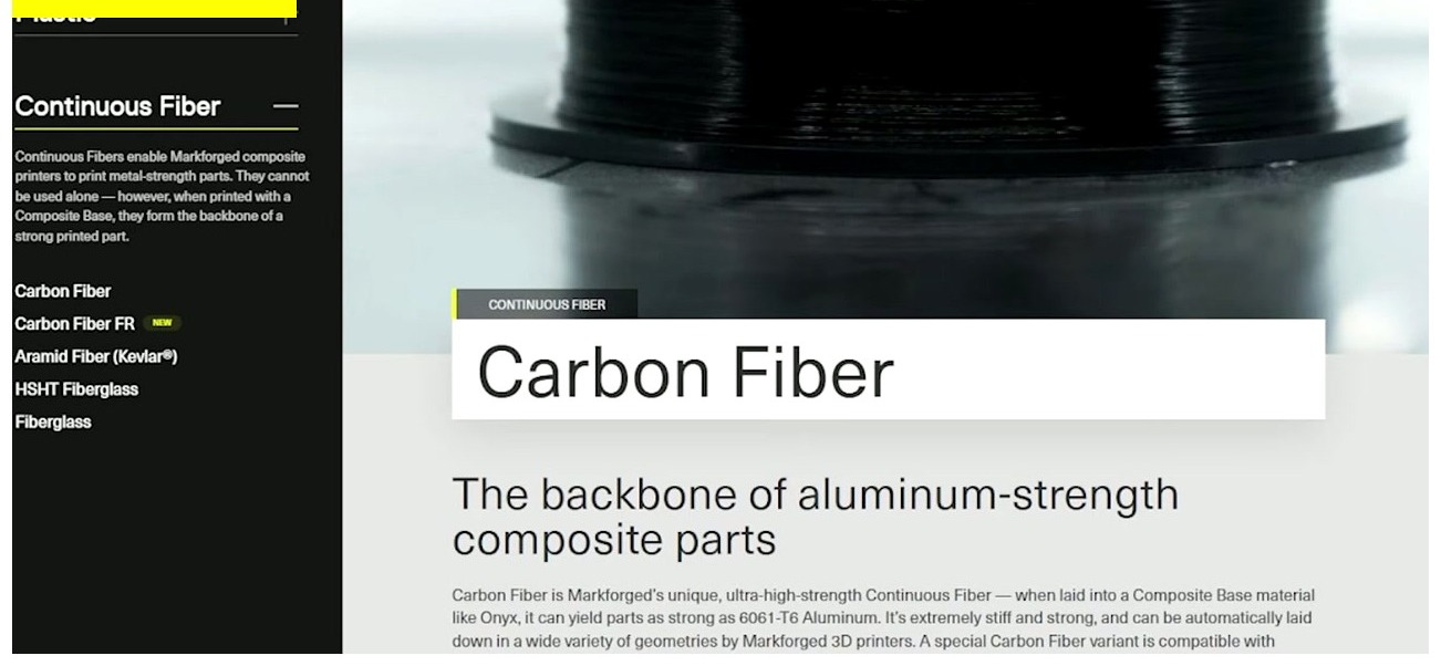 Markforged Continuous Carbon Fiber product page showing continuous fiber reinforcement laid up inside Onyx matrix