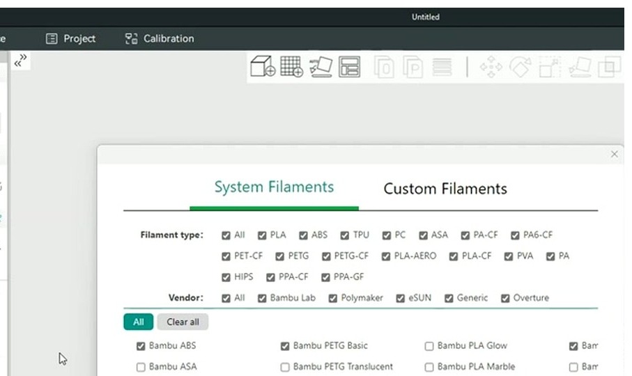 OrcaSlicer System Filaments dialog with filament type filter and vendor filter visible for narrowing down the base profile