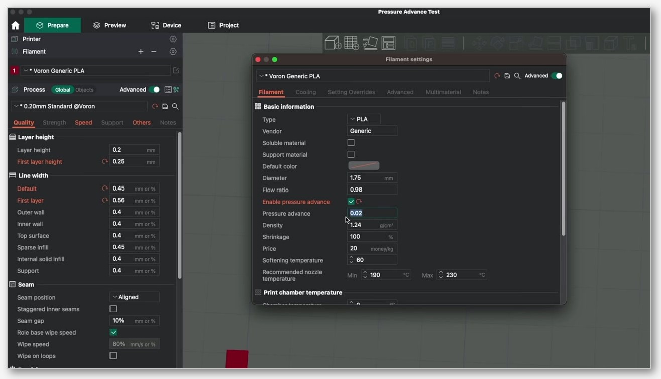 OrcaSlicer Filament settings dialog showing the Voron Generic PLA profile with the Enable pressure advance checkbox ticked and a value of 0.02 entered in the Pressure advance field