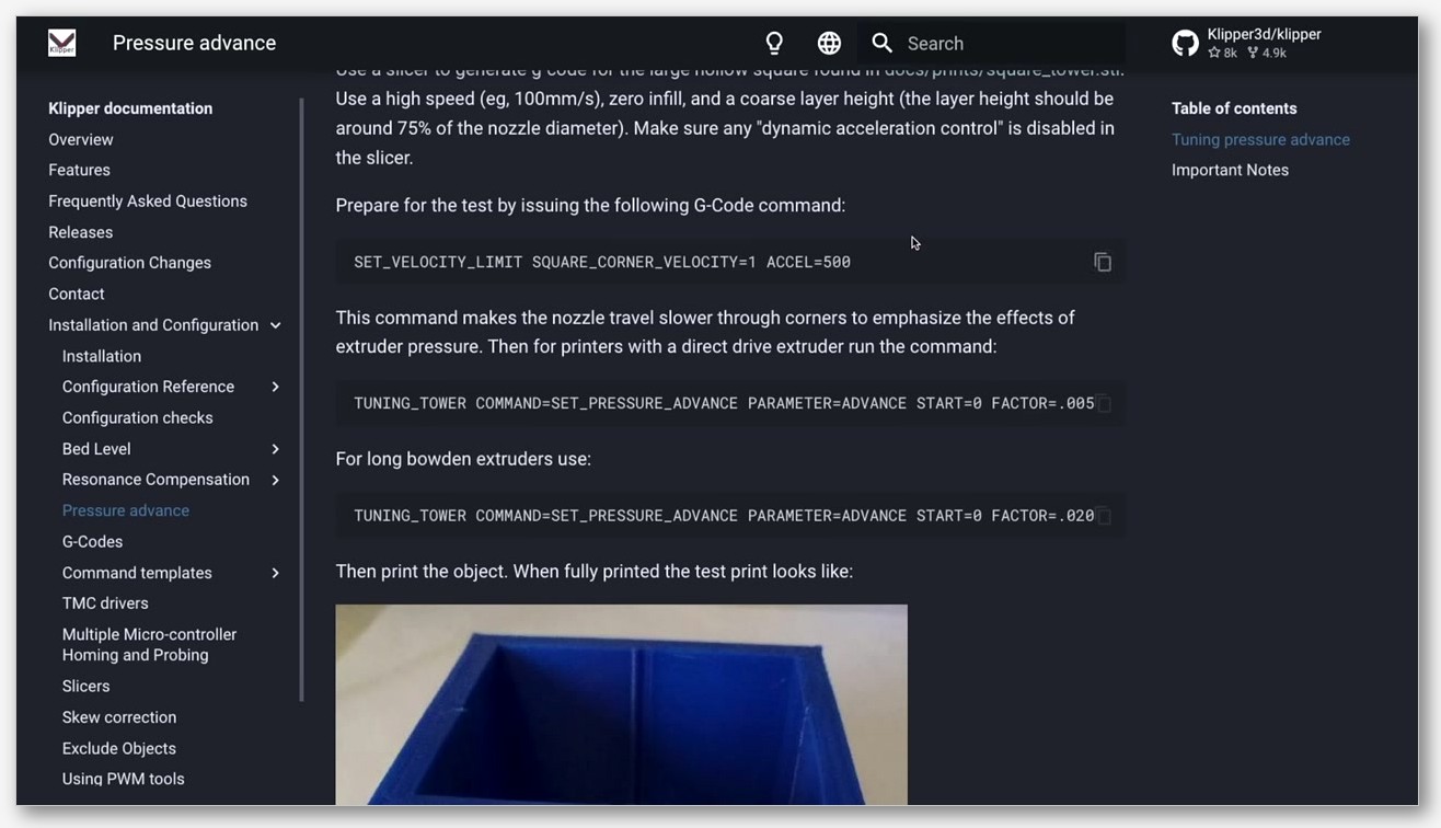Klipper documentation page showing the TUNING_TOWER macro command for pressure advance calibration with start and factor parameters for direct drive and Bowden setups