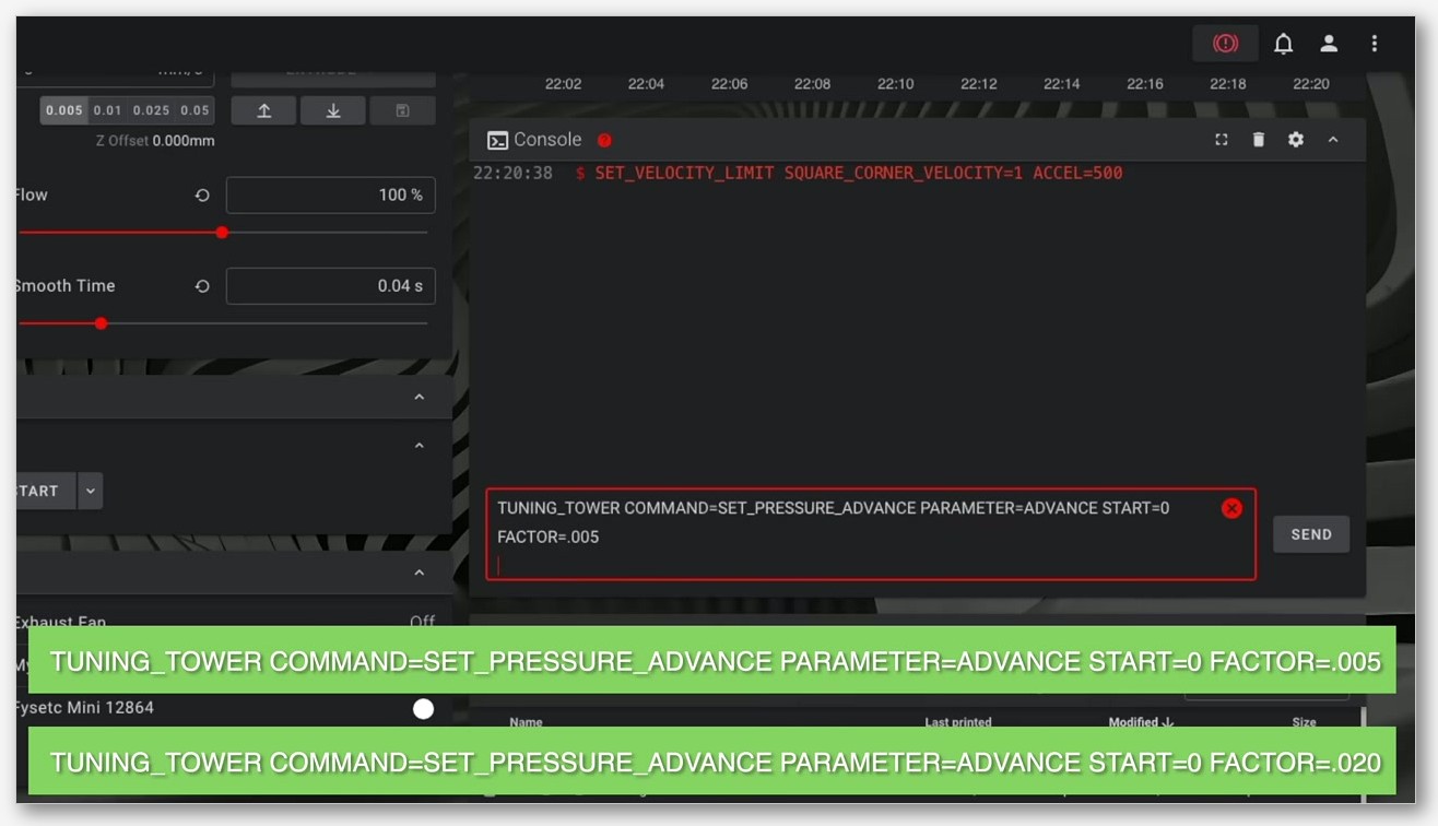 Klipper Mainsail console showing TUNING_TOWER commands being sent for SET_PRESSURE_ADVANCE calibration with both direct drive and Bowden factor values