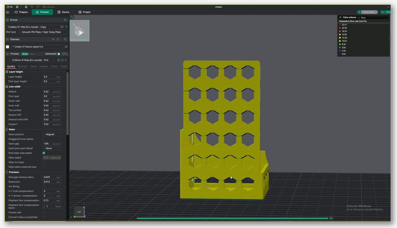 Final preview view of the VFA tower in OrcaSlicer, ready to slice and send to the printer.