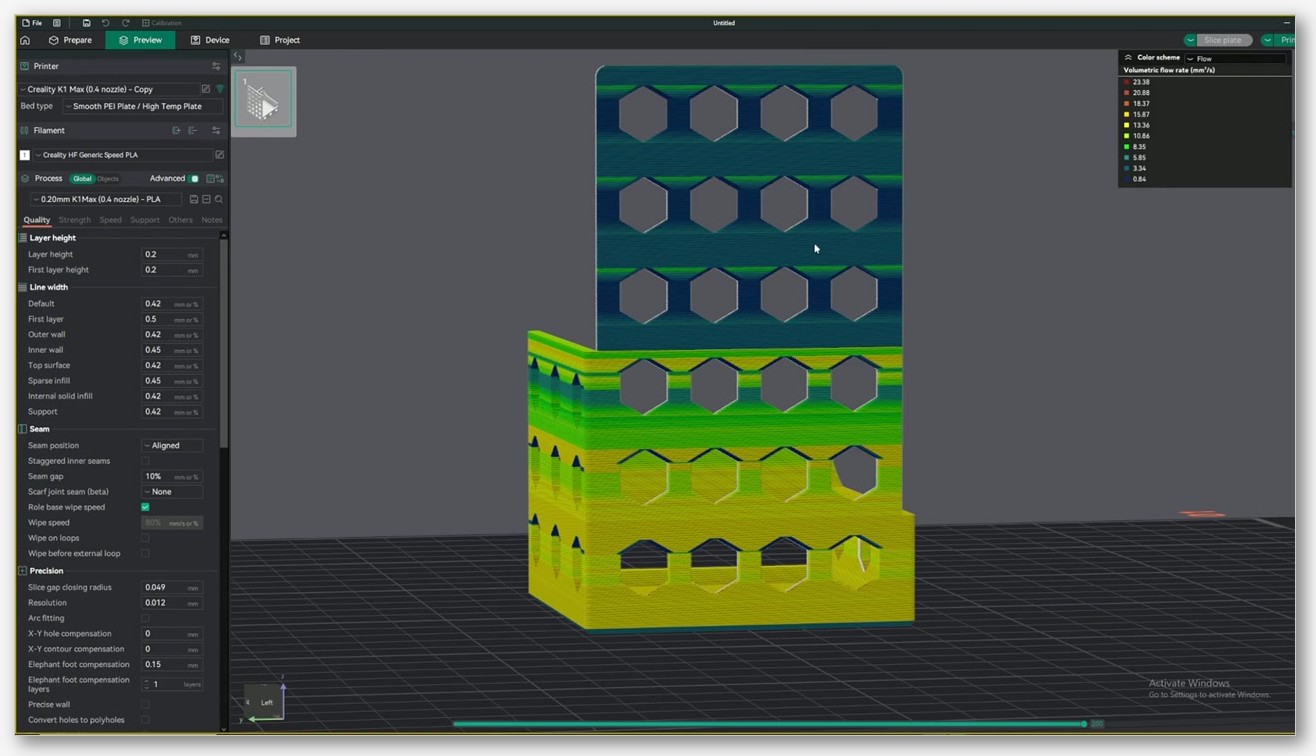 OrcaSlicer preview window showing the VFA tower coloured by volumetric flow rate, with hexagonal cutouts in vertical rows.