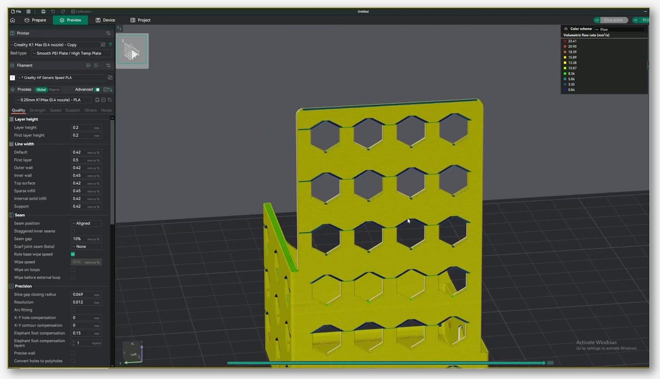 OrcaSlicer Preview pane showing the VFA tower in its final front orientation, with rows of hexagonal cutouts visible across the height of the model.