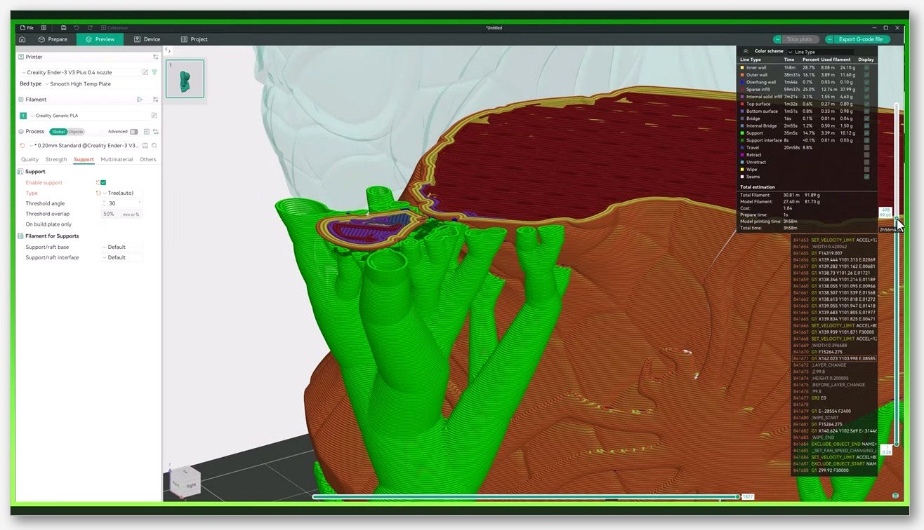 OrcaSlicer Preview showing tree supports and a cutaway view of an internal model section