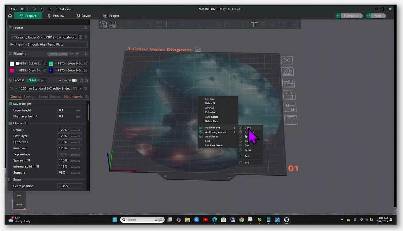 OrcaSlicer Prepare tab with a model on the build plate and the Add Primitive context menu open