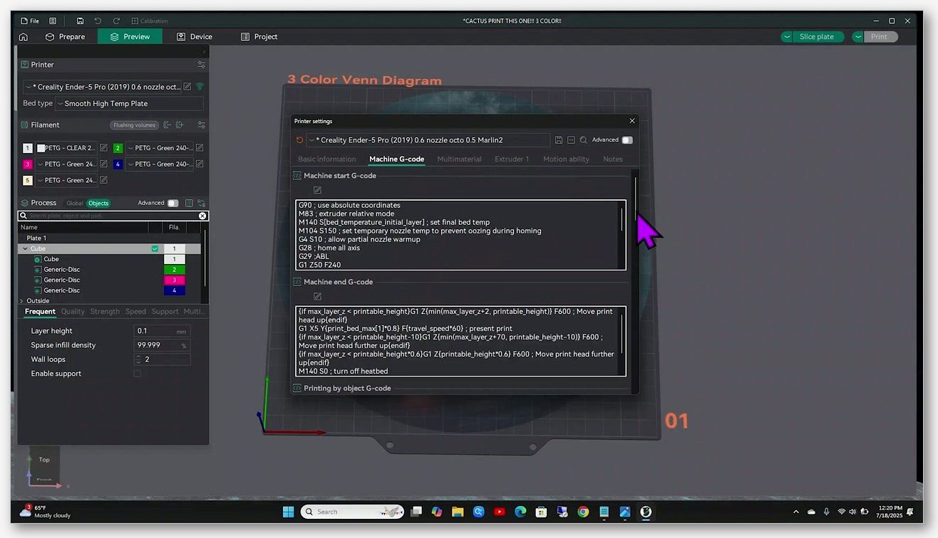 OrcaSlicer Printer Settings dialog open to the Machine G-code tab with start and end g-code blocks visible