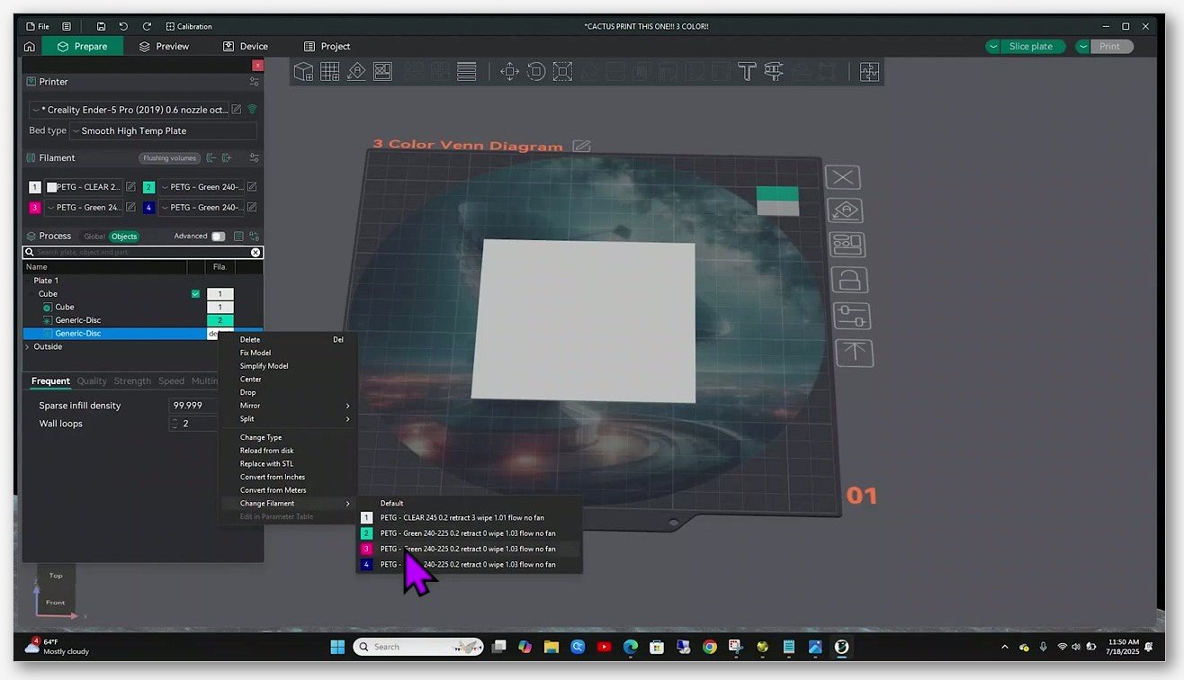 Right-click context menu showing the Change Filament submenu with four PETG filament slots listed