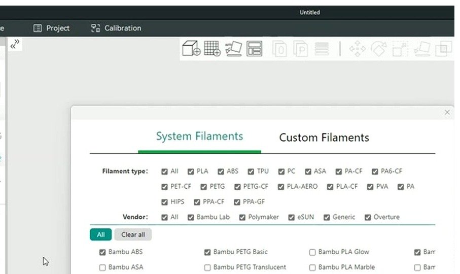 OrcaSlicer System Filaments dialog with filament type filter and vendor filter visible for narrowing down the base profile