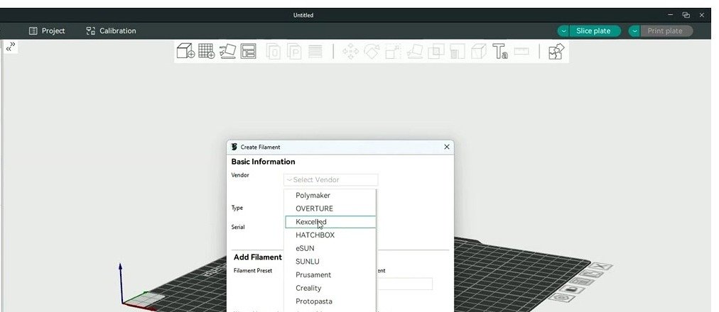 OrcaSlicer Create Filament dialog with Vendor dropdown open showing Polymaker, OVERTURE, Kexcelled, HATCHBOX, eSUN, SUNLU, Prusament, Creality, Protopasta, Anycubic, Basf, ELEGOO, INLAND, FLASHFORGE, and AMOLEN