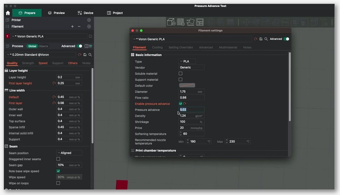 OrcaSlicer Filament settings dialog showing the Voron Generic PLA profile with the Enable pressure advance checkbox ticked and a value of 0.02 entered in the Pressure advance field