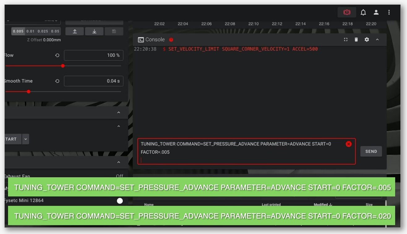 Klipper Mainsail console showing TUNING_TOWER commands being sent for SET_PRESSURE_ADVANCE calibration with both direct drive and Bowden factor values