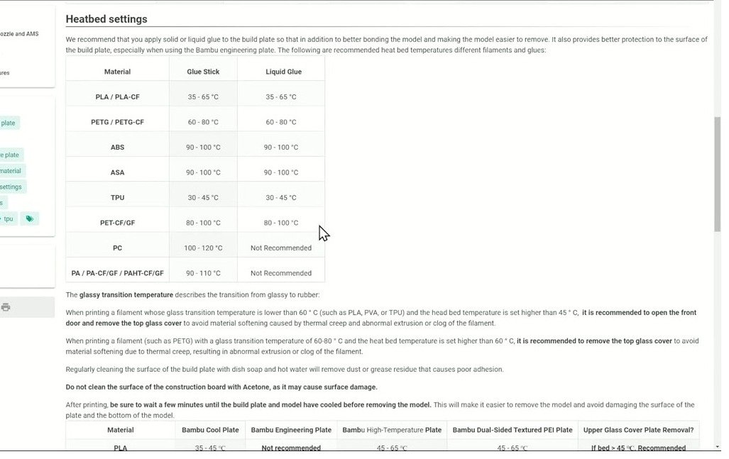 Bambu Lab heatbed temperature reference table for PC filament showing 100 to 120 C bed temperature range with glue stick adhesion aid required.