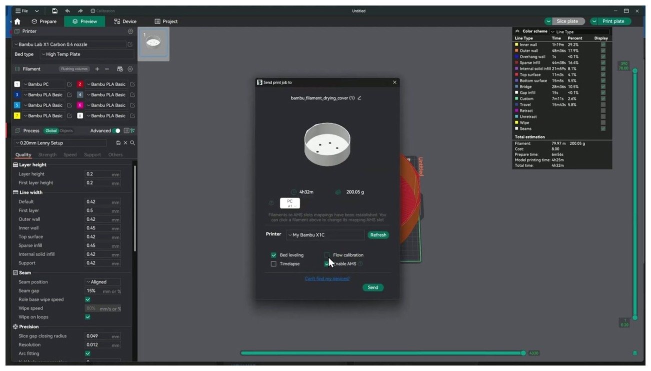 OrcaSlicer send print dialog showing Bambu PC selected in AMS slot 1 with the dryer cover icon, ready to send to the printer.