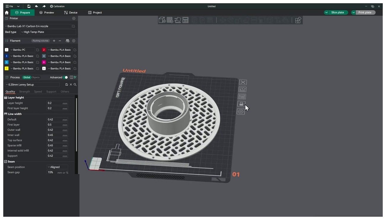 OrcaSlicer Prepare view showing Bambu PC loaded in AMS slot 1, model arranged on Bambu X1C engineering plate, with filament panel visible on the right.