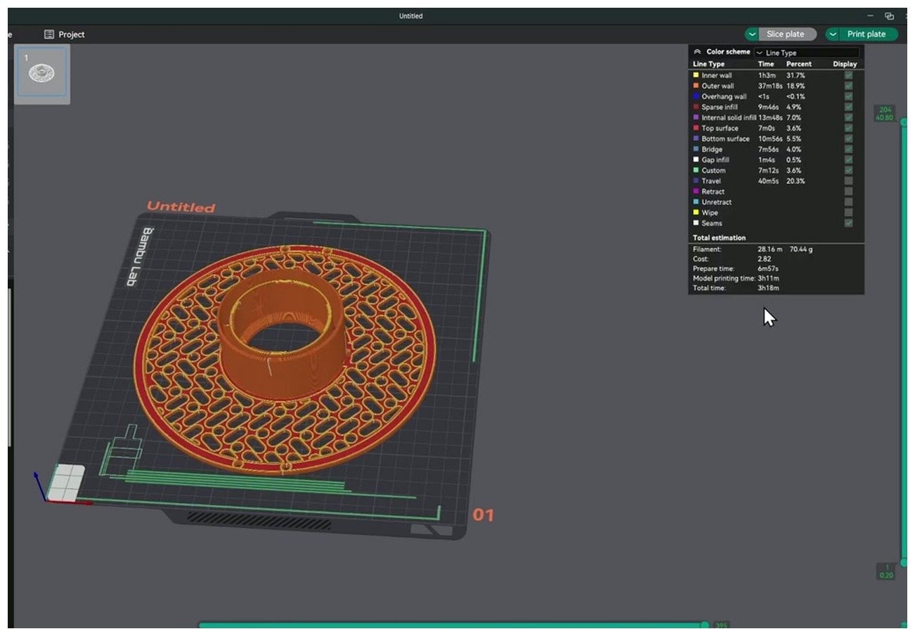 OrcaSlicer Preview tab showing a 3h18m sliced PC print with line-type colour scheme panel revealing walls, infill, supports, and brim segments.