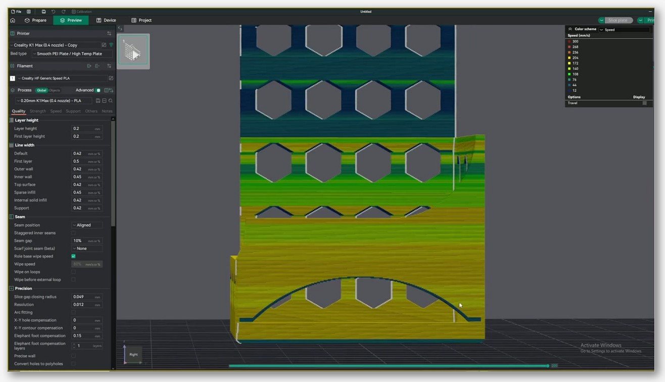 OrcaSlicer Preview view of the VFA tower with the Speed colorscheme selected, showing different colour bands per speed step.