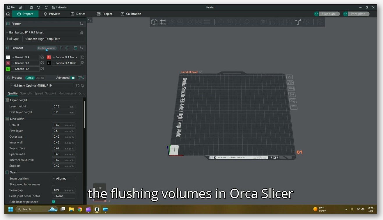 OrcaSlicer Prime Tower settings panel showing enable toggle, width, prime volume, and brim width
