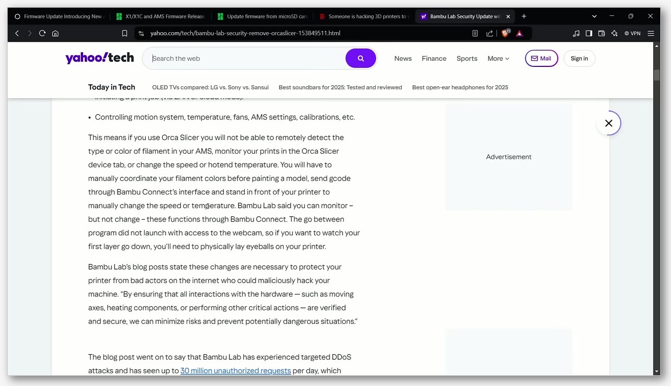 Yahoo Tech article describing Bambu Lab security changes and the Bambu Connect requirement for OrcaSlicer