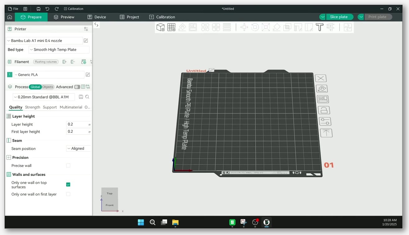 OrcaSlicer Prepare tab showing the filament panel on the left with Generic PLA selected for an A1 mini setup