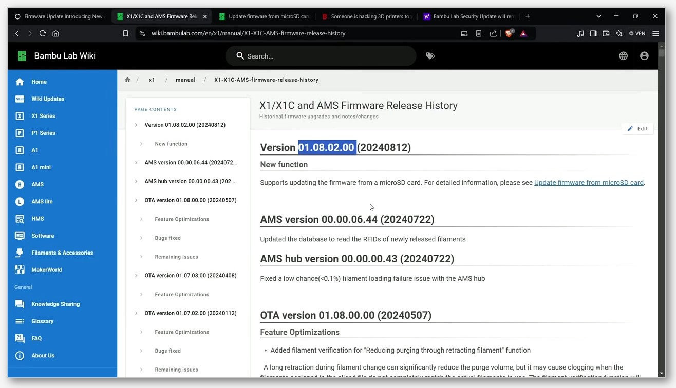Bambu Lab Wiki page listing X1/X1C and AMS firmware release history with version numbers and OTA dates
