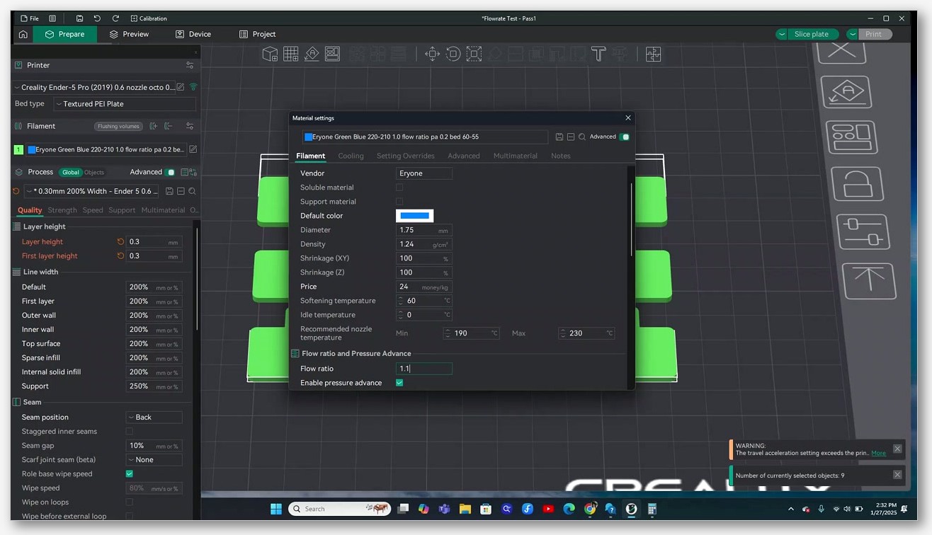 OrcaSlicer Material settings dialog showing Flow ratio set to 1.1