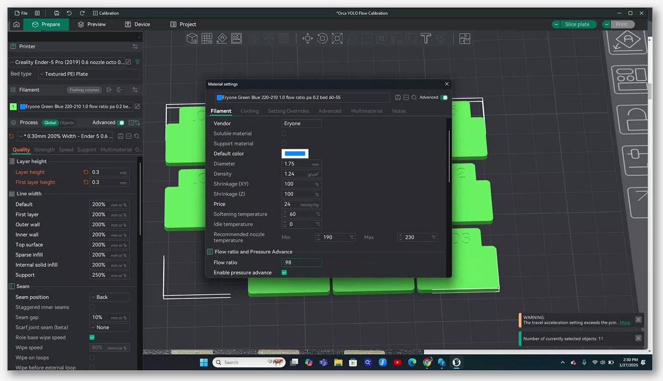 OrcaSlicer Material settings dialog showing the Flow ratio field set to 0.98