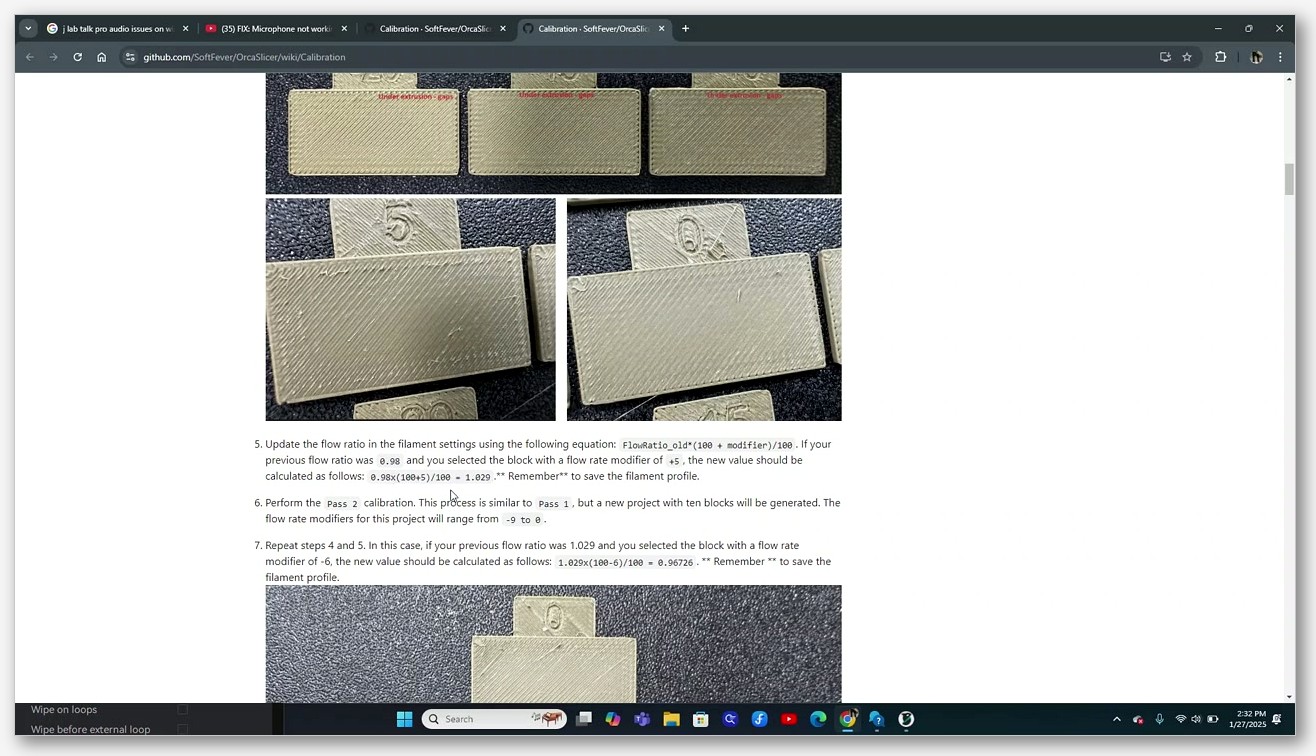 Printed Pass 1 flow rate calibration blocks with under-extrusion gaps visible on the leftmost three