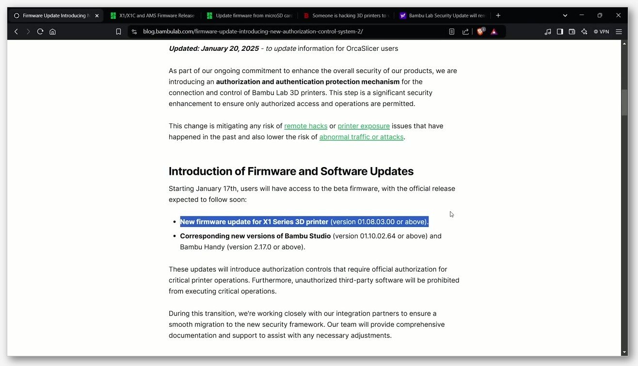 Bambu Lab blog post about firmware authorization control introducing the Bambu Connect middleware