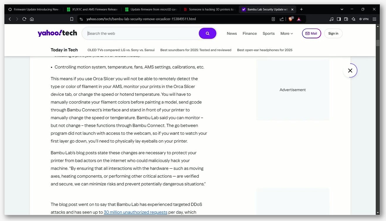 Yahoo Tech article describing Bambu Lab security changes and the Bambu Connect requirement for OrcaSlicer