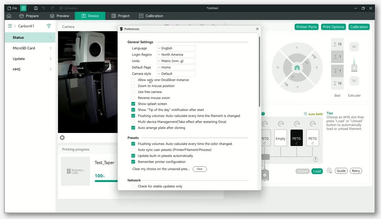 OrcaSlicer Device tab showing the AMS panel with four slots, live camera feed, and printer preferences dialog open