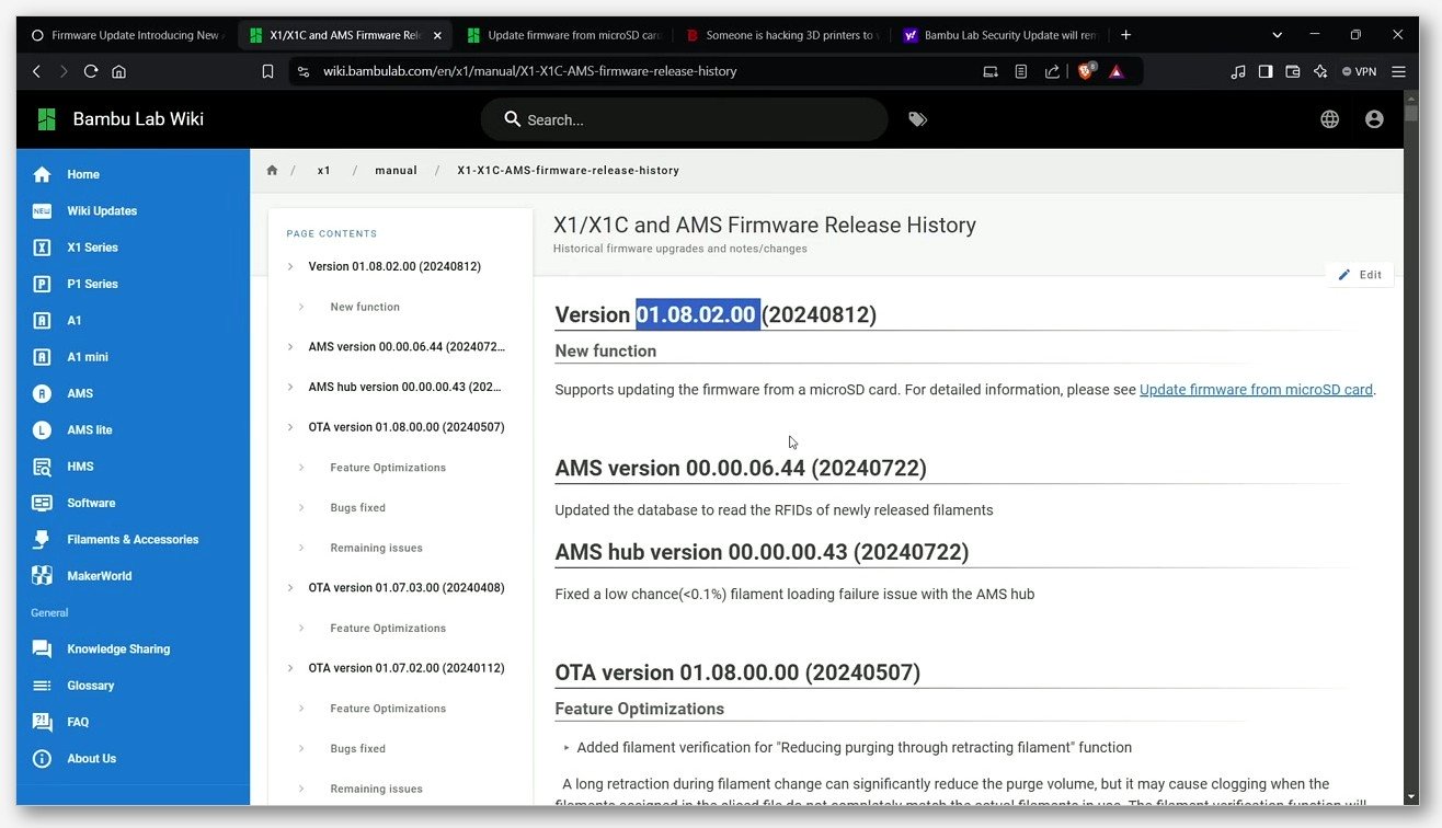Bambu Lab Wiki page listing X1/X1C and AMS firmware release history with version numbers and OTA dates